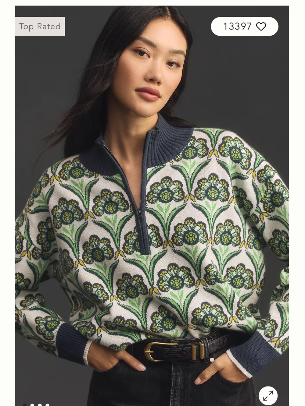 Anthropologie Maeve Montana Green Floral Half-Zip Turtleneck Sweater